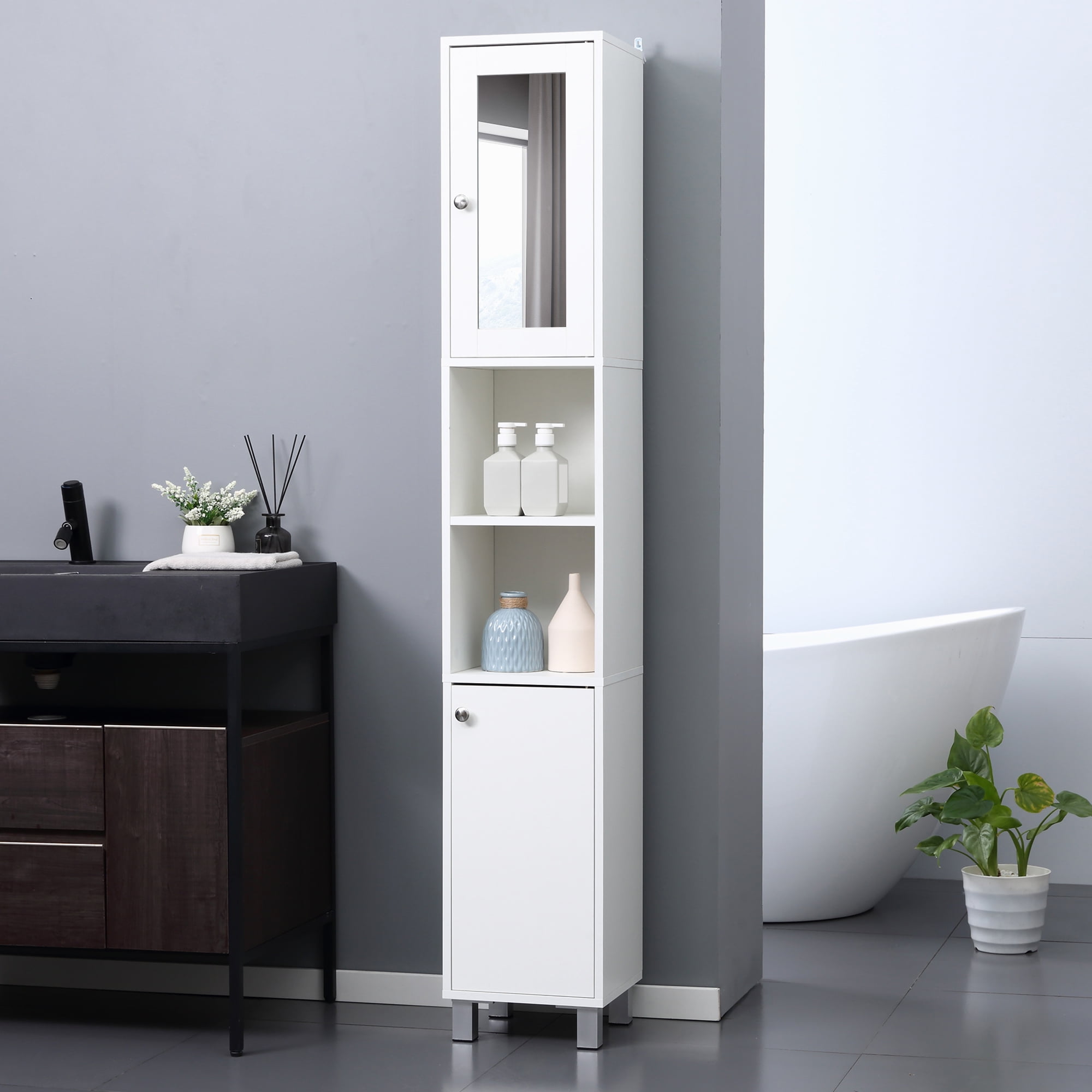 71" Wooden Tall Narrow Bathroom Floor Storage Towel Cabinet w/ Mirror ...
