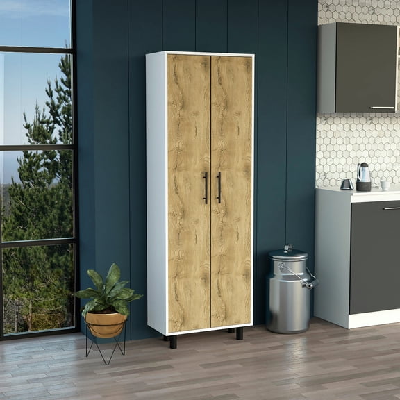 71"h Cabinet In White/ - Five Internal Shelves, Two Doors Metal Handles For A Practical Storage Option Home Gym