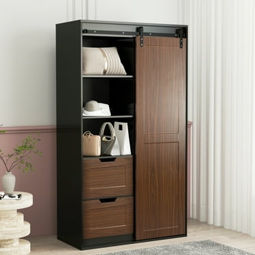 Hodedah Two Door Wardrobe with Two Drawers and Hanging Rod, Brown ...