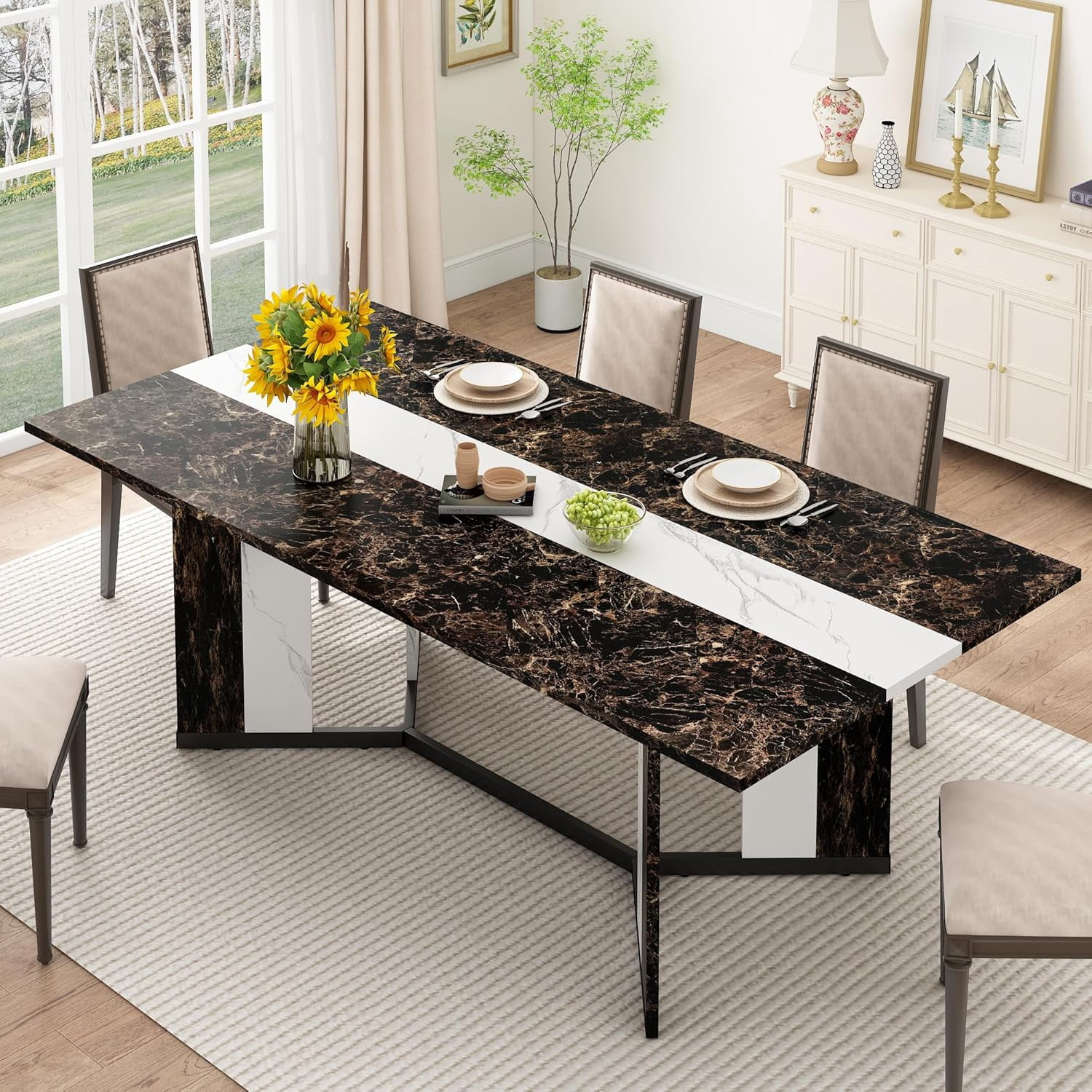 71 inch Dining Table for 4 5 6 | Modern Black Rectangular Kitchen Table ...