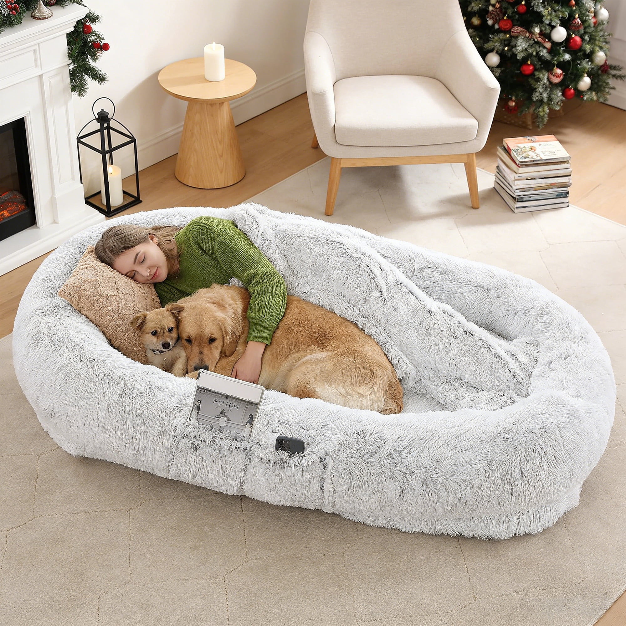 71-inch Giant Dog Bed in Gray, Soft Washable Faux Fur Orthopedic Nap Bed, Perfect for You and Your Pet (Blanket and Pillow Not Included)