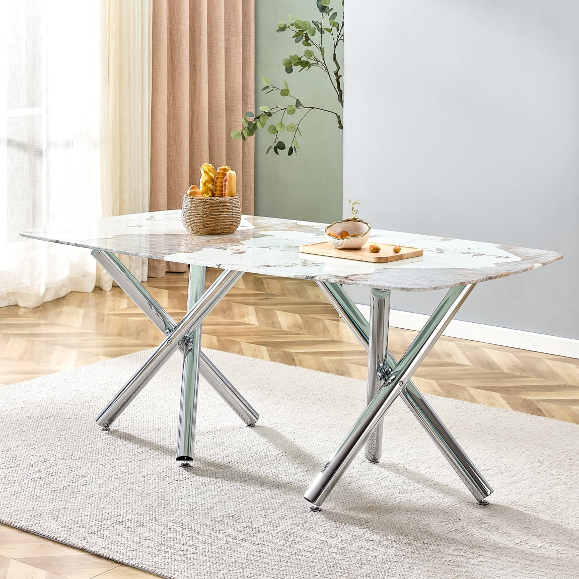 71 inch Glass Dining Table with Fibertempering Glass Imitation Marble