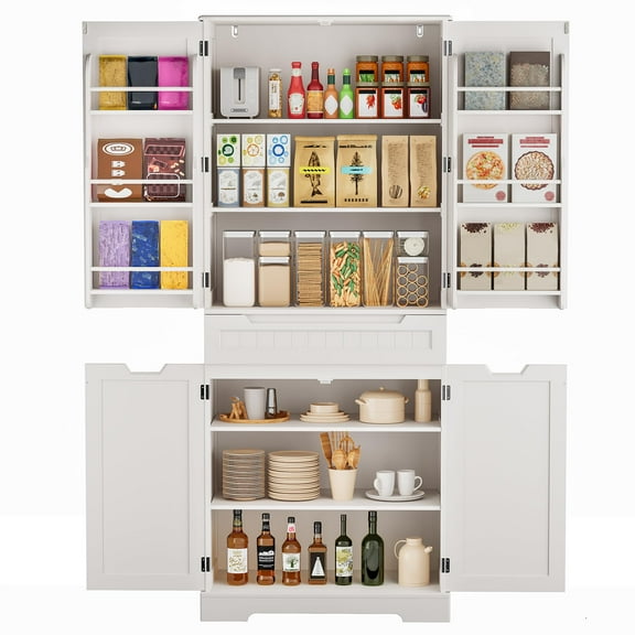 Pantry, Lofka 71" Kitchen Pantry Storage Cabinet with 4 Doors, 12 Shelves and 1 Large Drawer for Dining Room, White