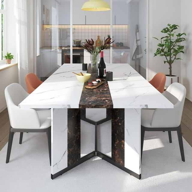 71 inch Large Rectangular Dining Table for 6-8 People, Dining Table with Marble-Color Wood Waterproof Tabletop and Adjustable Leg, 6ft Luxurious Family Dinner Table for Office Kitchen Living Room