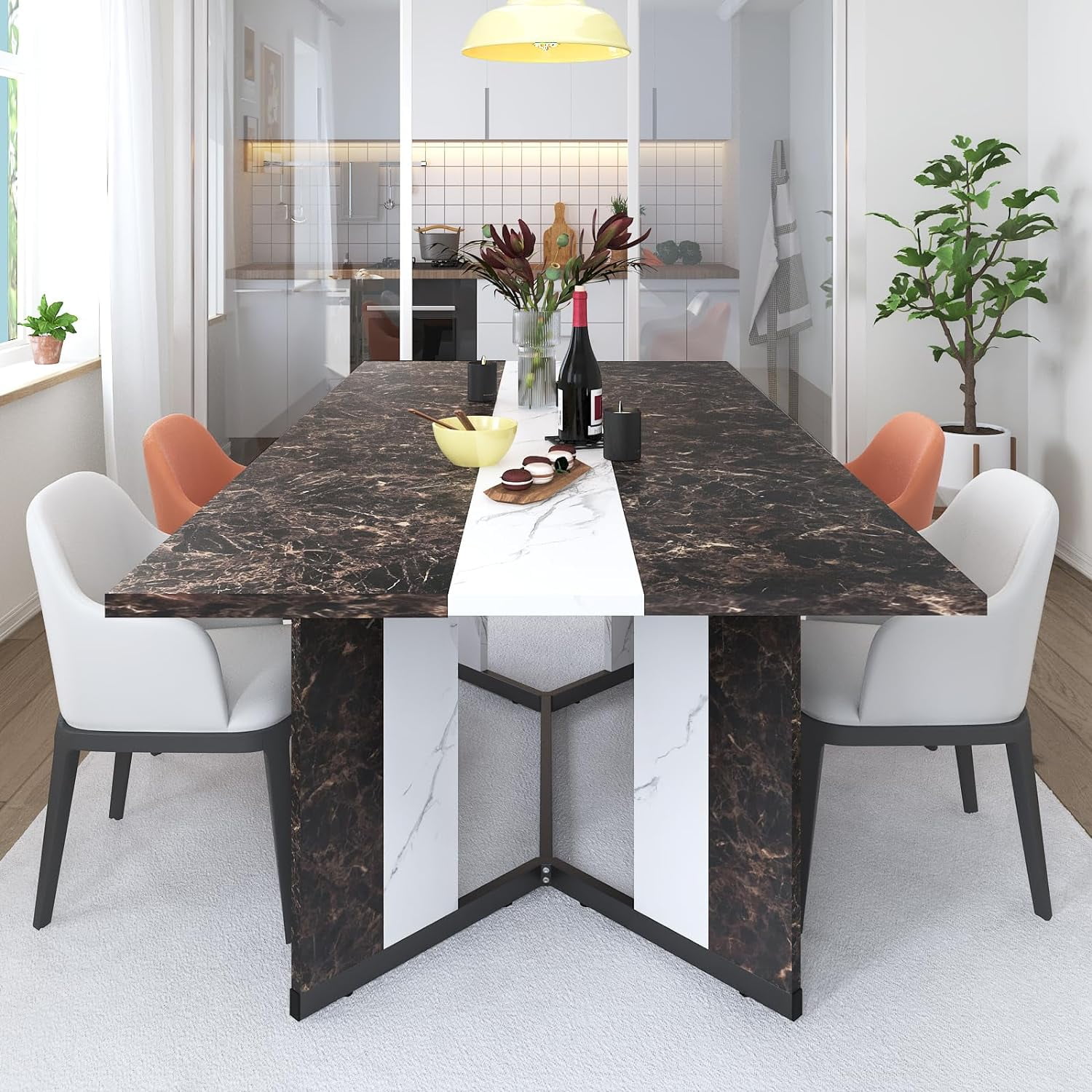 71 inch Large Rectangular Dining Table for 6 8 People Dining Table with Marble Color Wood Waterproof Tabletop and Adjustable Leg 6ft Luxurious Family Dinner Table for Office Kitchen Living Room Walmar...