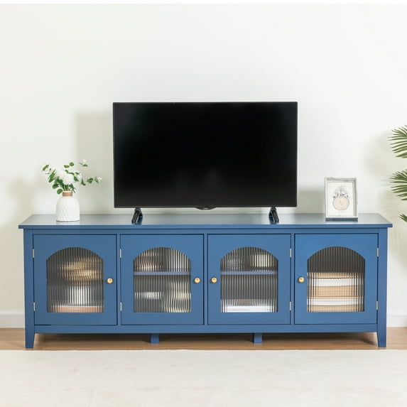 71-inch Modern Multifunctional TV Stand with Storage Shelves and Glass Door, Entertainment Center TV Cabinet with Metal Handle, Wooden TV Media Console Table for Bedroom, Living Room, Antique Blue
