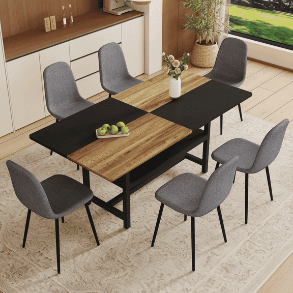 NYEESS 7-Piece 71 inch Wood Dining Table Set with Storage Shelf and 6 Dark Gray Linen Chairs, Modern Dining Room Furniture