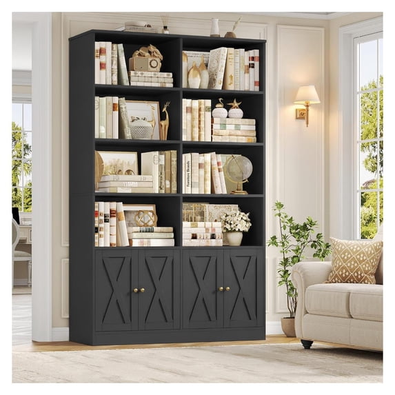 Living Room Library Unit 71 inch Tall Bookshelf with Doors, Black 4-Tier Open Bookcase with ...