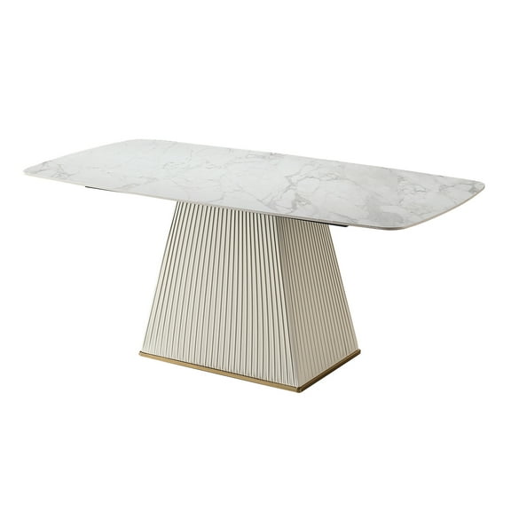 71-inch White Sintered Stone Dining Table With Base, Classy Design Innovation And Striped Pedestal,