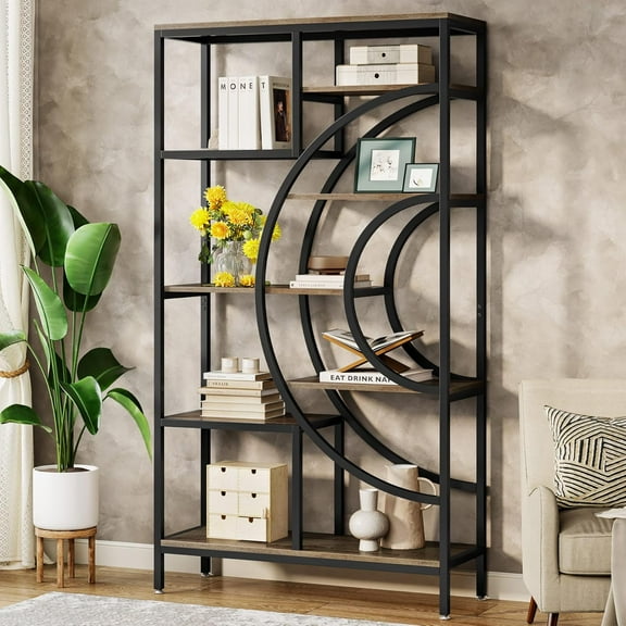 71 inches Geometric Bookcase, Industrial 8-Tiers Bookshelves, Rustic Etagere Bookcase with Metal Frame, Tall Freestanding Open Storage Shelving Units for Home Office, Living Room