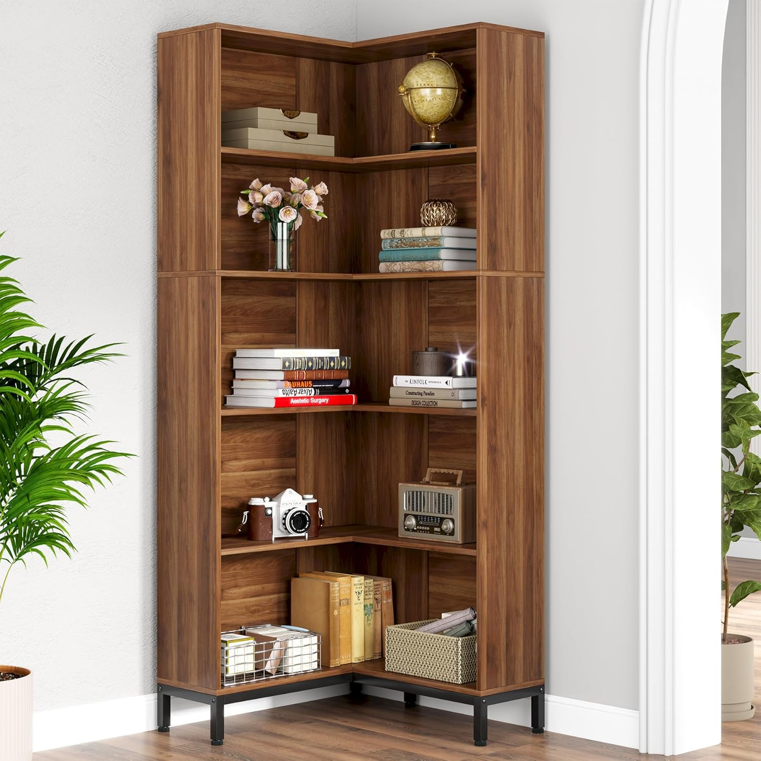 71 inches L-Shaped Bookcase 6-Tiers Corner Bookshelf Industrial Etagere Tall Display Rack Wooden ...