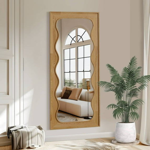 MAYEERTY 71"x 31" Solid Wood Wavy Rectangular Full-Length Mirror without Bracket,Natural Wood