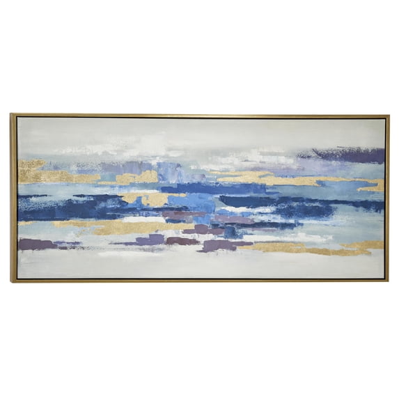 DecMode Blue Canvas Abstract Long Horizontal Living Room Framed Wall Art with Gold Foil Accents, 71" x 2" x 32"