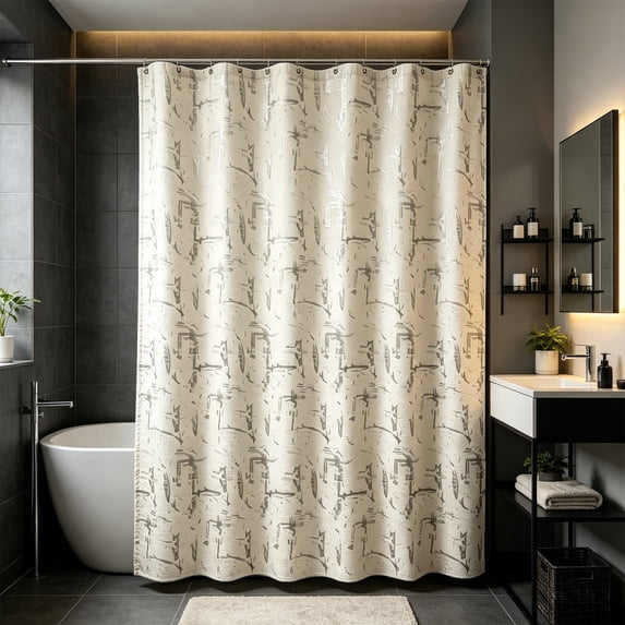 71 x 32 Inch Stone Pattern Silver Foil Waterproof Shower Curtain, Polyester Bathroom Curtain with Hooks for Shower Stall, Tub Divider and Bathroom Decor