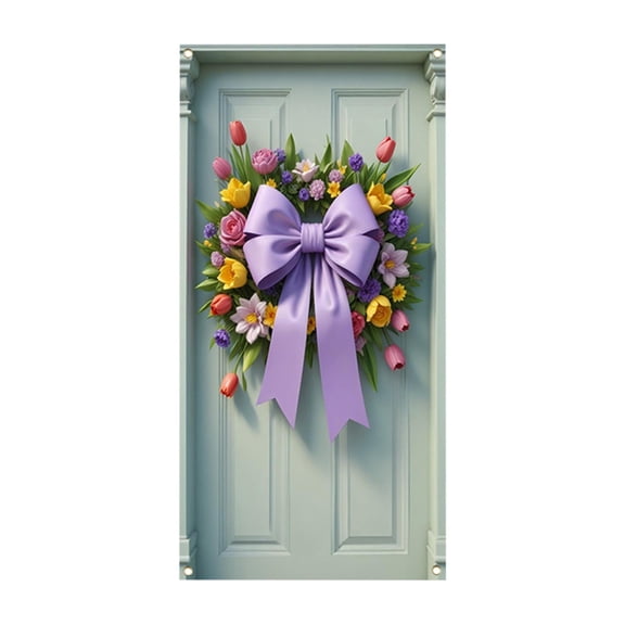 71 x 35.4 Inch Easter Banner Door Cover, Easter Egg and Floral Themed Porch Sign, Large Photography Background Backdrop for Indoor Outdoor Front Door Wall Spring Party Decorations