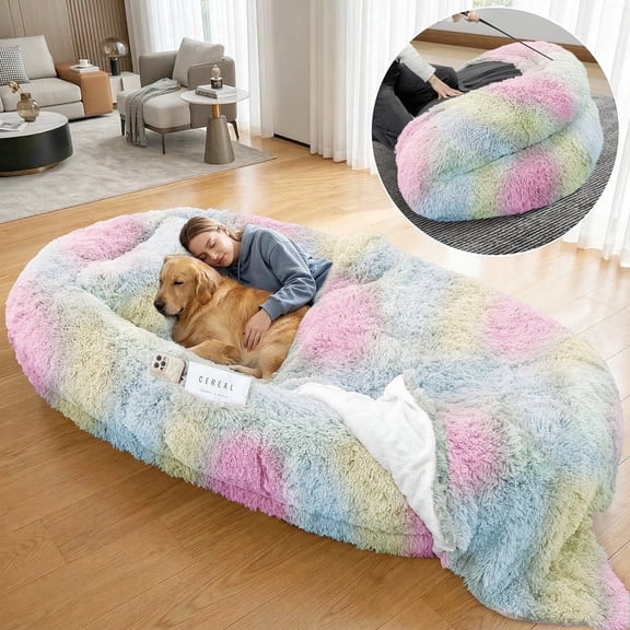 71 x 45 x 12inches Human Dog Bed Fits Adult 10 CM Thick Memory Foam Washable Oversize Dog Bed with Plump Pillow and Blanket and Strap（Rainbow)