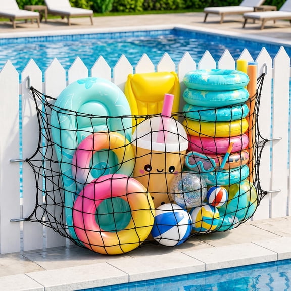 71" x 47" Extra Large Pool Float Storage Net, Pool Float Organizer with 20 Hooks & Zip Ties, Heavy Duty Hanging Mesh Pool Toy Storage for Floats, Rafts, Noodles, Balls & Pool Accessories