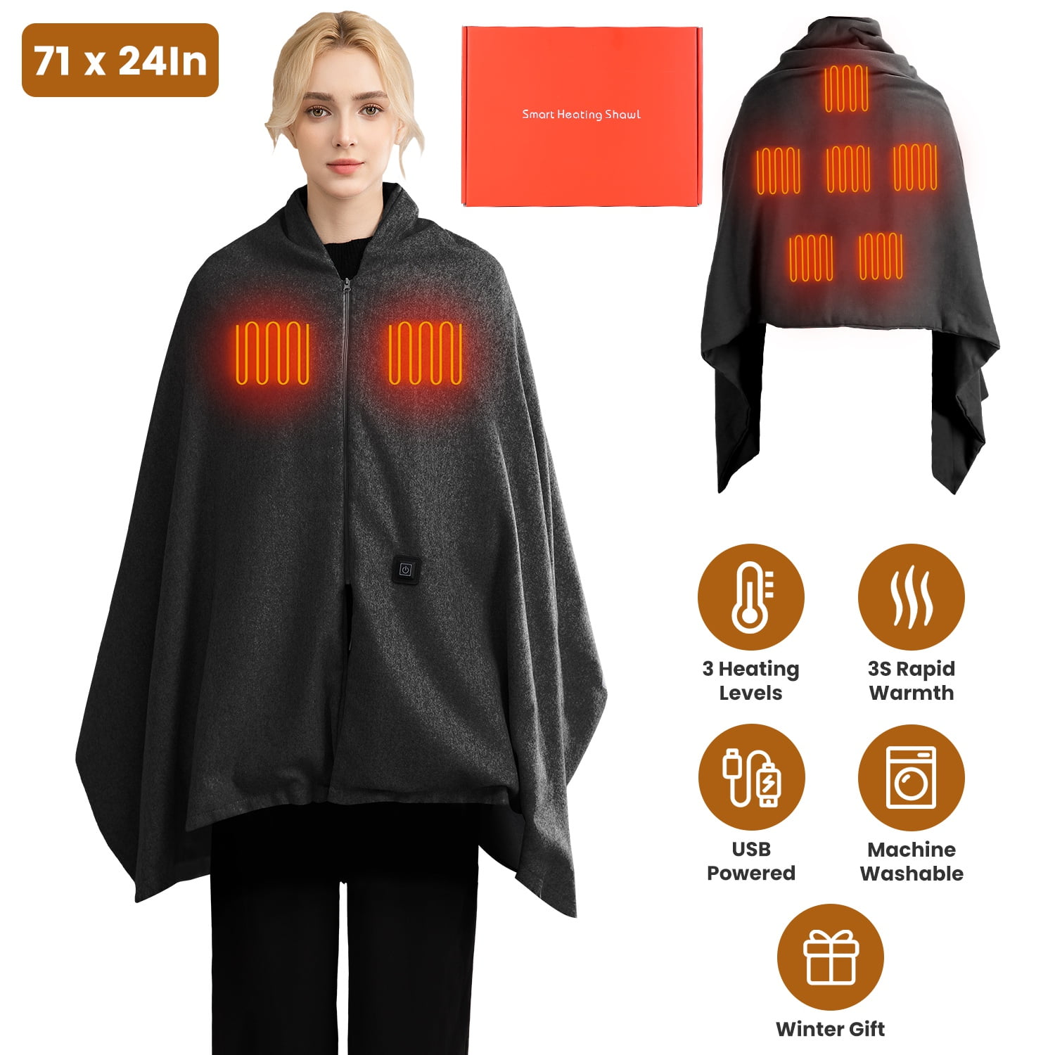 71"x24" Electric Heated Throw Blanket Portable USB Heated Shawl Wearable Heating Blanket with Zipper 3 Heating Levels Machine Washable Black
