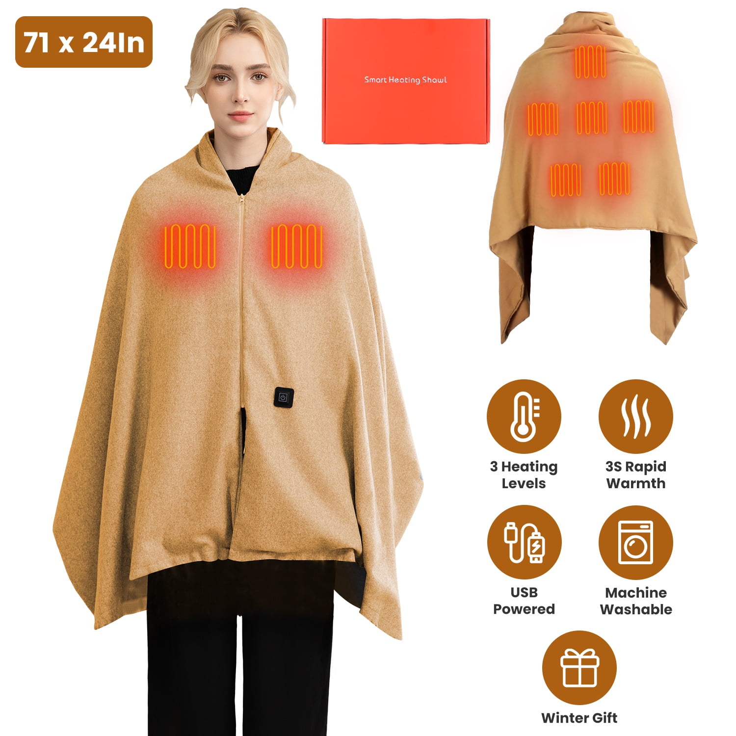 71"x24" Electric Heated Throw Blanket Portable USB Heated Shawl Wearable Heating Blanket with Zipper 3 Heating Levels Machine Washable Brown