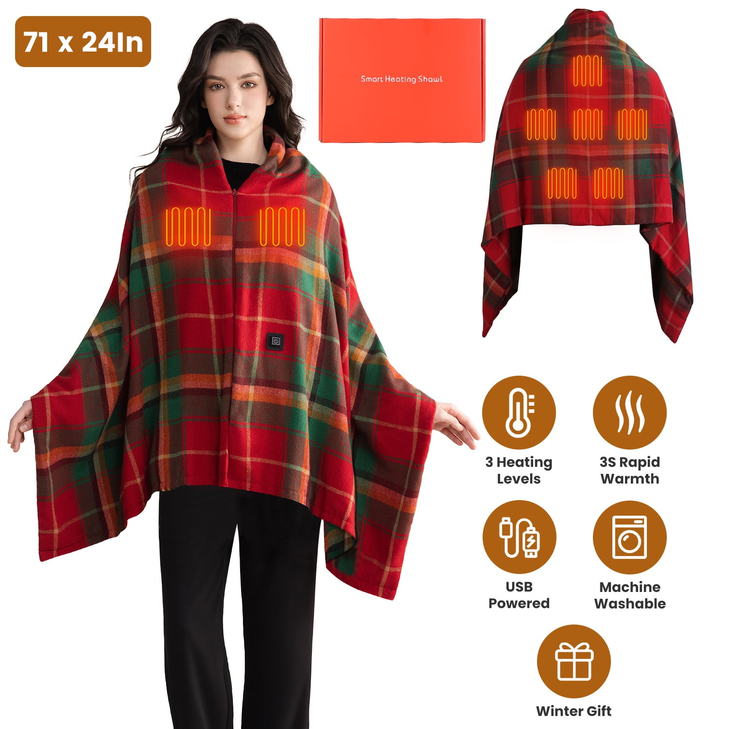71"x24" Electric Heated Throw Blanket Portable USB Heated Shawl Wearable Heating Blanket with Zipper 3 Heating Levels Machine Washable Red