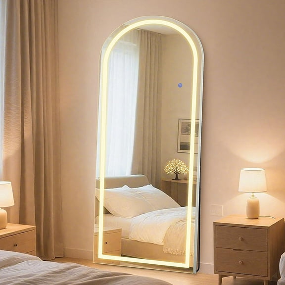 71"x26" Arched MMIRROR FULL LENGTH with LED Lights and Stand, Lighted Full Body Wall Mounted Mirror for Bedroom, Living Room, White