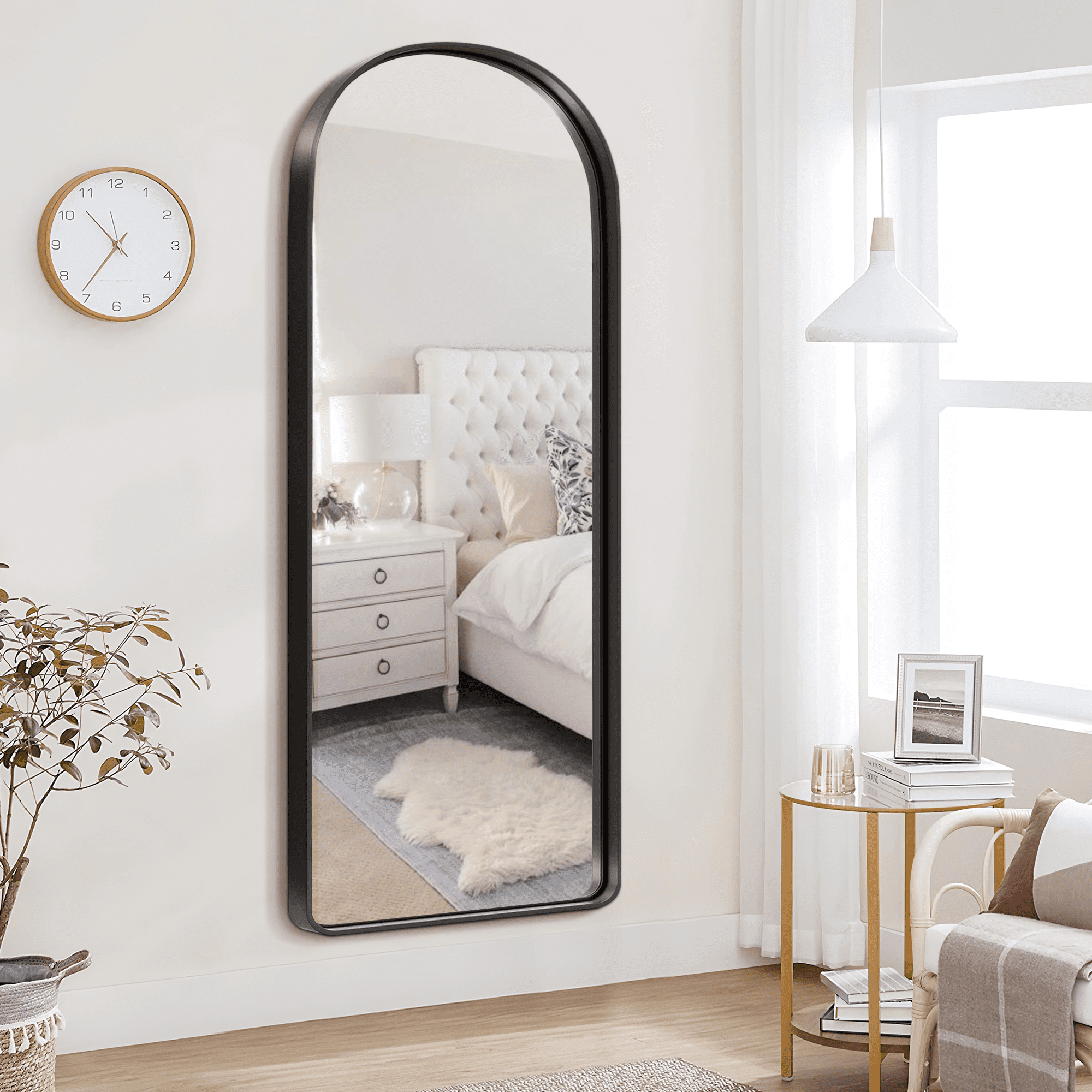 71"x28" Aluminum Alloy Wall Mount Rounded Corner Arched Mirror, Black
