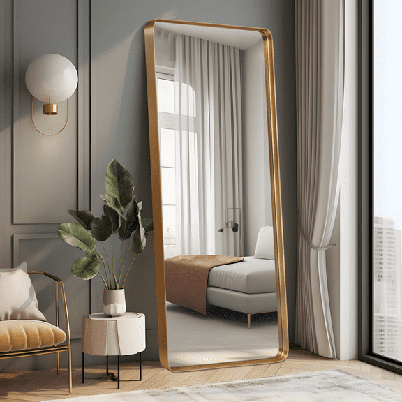 71"x28" Aluminum Alloy Wall Mount Rounded Corner Rectangular Mirror,Gold no stand