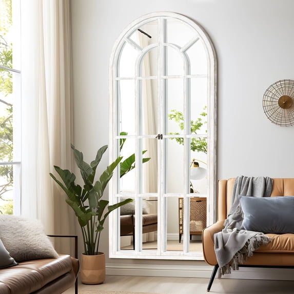 71"x31"x1" Solid Wood Mid-Century Full-length Mirror Right Angled Arched Mirror without Bracket , White