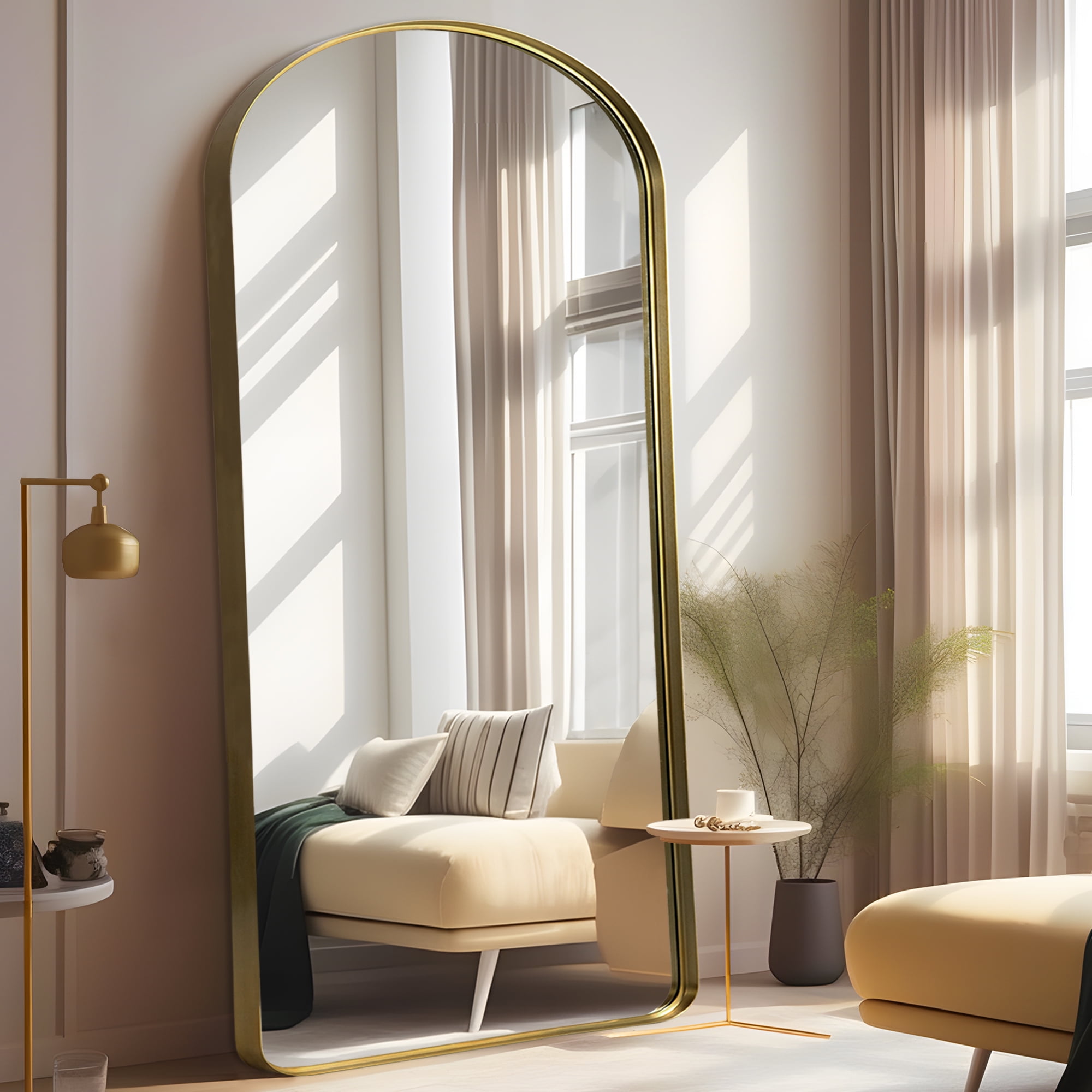 71"x32" Aluminum Alloy Wall Mount Rounded Corner Arched Mirror,Gold Vertical hanging without bracket