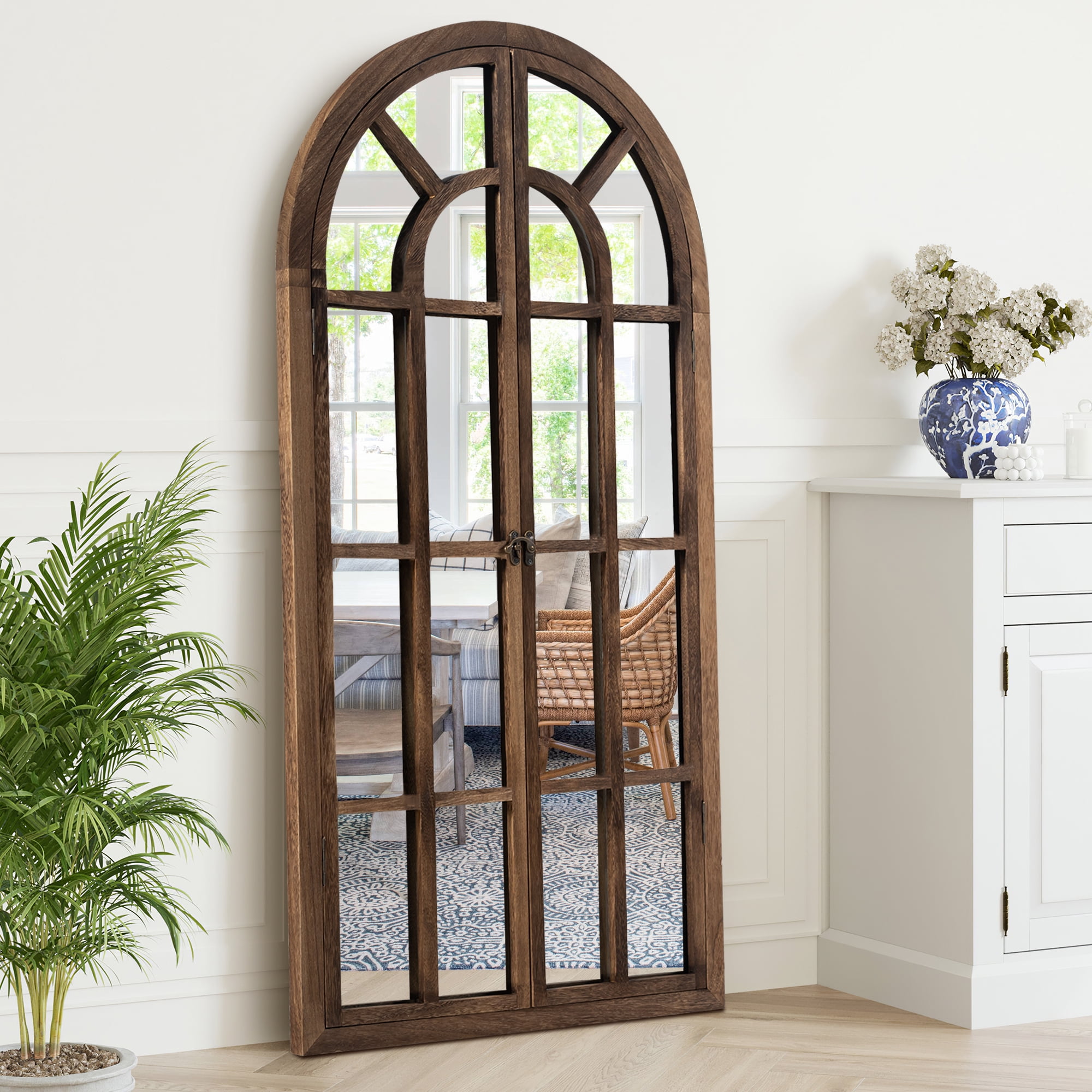 71"x32" Modern Arched Foldable Window Mirror Full Length Mirror Floor Mirror,Browen