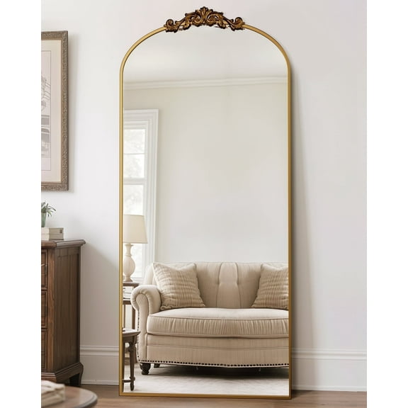 Antok 71"x32" Vintage Arched Full-Length Mirror with Carved Metal Frame, Baroque-Style Floor Mirror for Living Room, Bedroom, Entryway or Hallway Decor, Gold