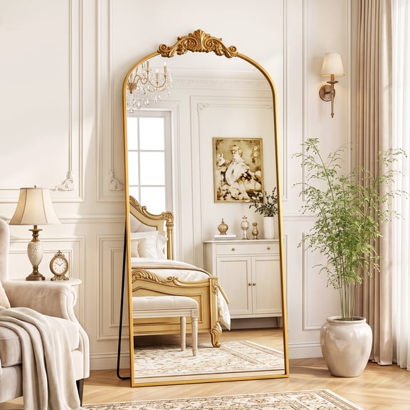 Antok 71"x32" Vintage Arched Full-Length Mirror with Carved Metal Frame, Baroque-Style Floor Mirror for Living Room, Bedroom, Entryway or Hallway Decor, Gold