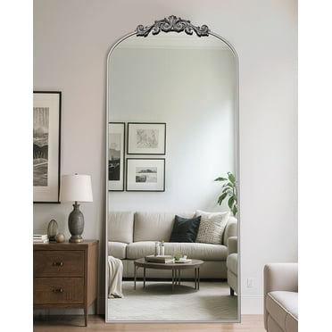 71"x32" Vintage Arched Full-Length Mirror with Carved Metal Frame, Baroque-Style Floor Mirror for Living Room, Bedroom, Entryway or Hallway Decor, Sliver