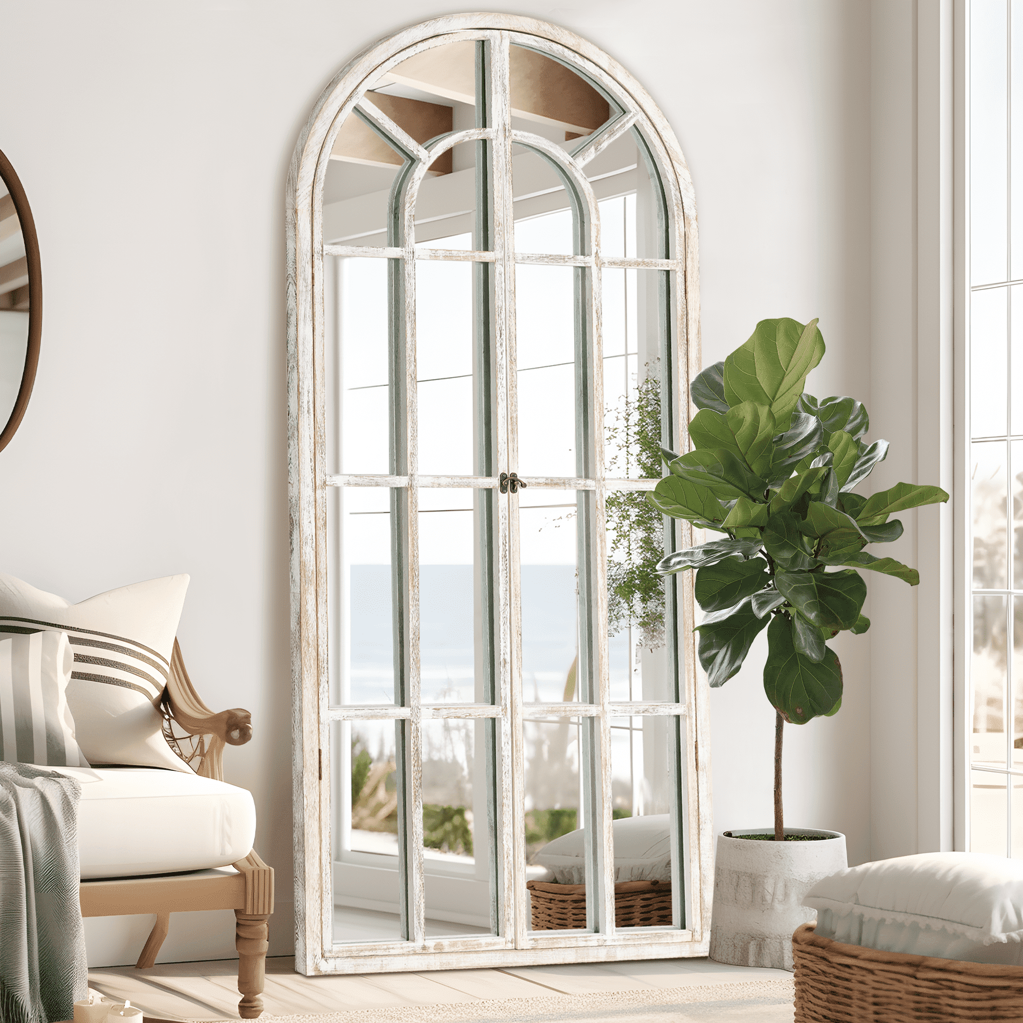 MAYEERTY 71"x32" White Arched Wall Mirror Full Lengthr with Hanging Mirror