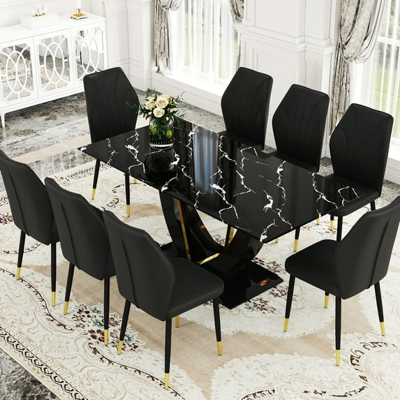 71"x35.4" Black Marble Pattern Tempered Glass Dining For 8 People - Widened Chairs, Legs, Stylish Look With Table & Pu Chairs