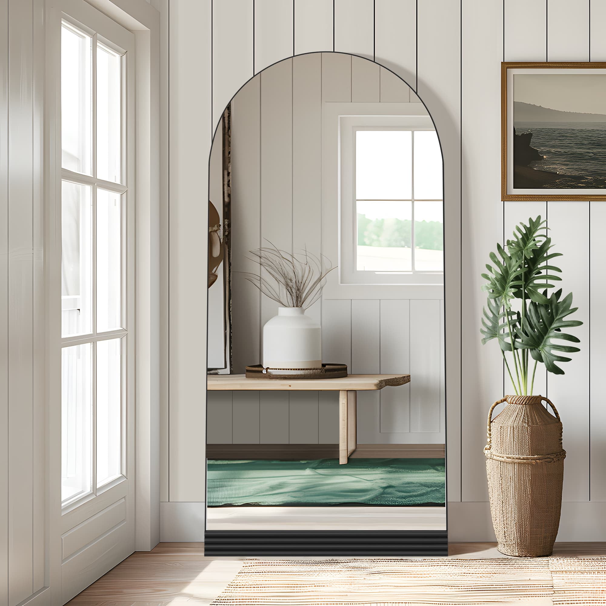 71"x35" Wood Arched Full Length Mirror Carved Floor Standing Mirror,Whether White