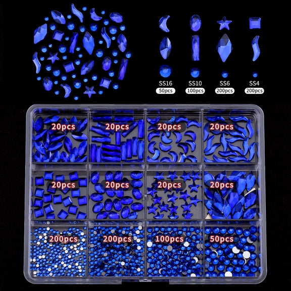 710PCS Flat Back Rhinestones Kit for Crafts, Mixed Shapes & Sizes AB Crystal Gems with Storage Box, Rhinestones for Phone Cases, Tumblers, Face Makeup and DIY Decorations, Klein Blue