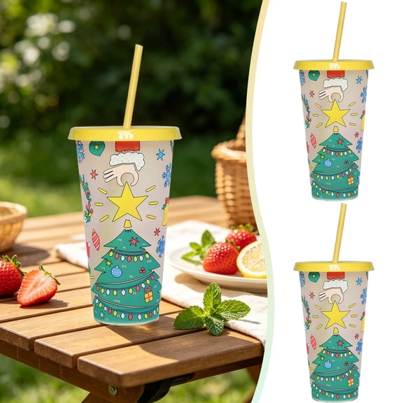 710ml Christmas Color Changing Plastic Cup, Heat Sensitive Christmas Magic Tumbler, Color Change Cup, Reusable Drinking Cup with Lid and Straw, Thermal Sensitive Beverage Cup for Party Drinkware