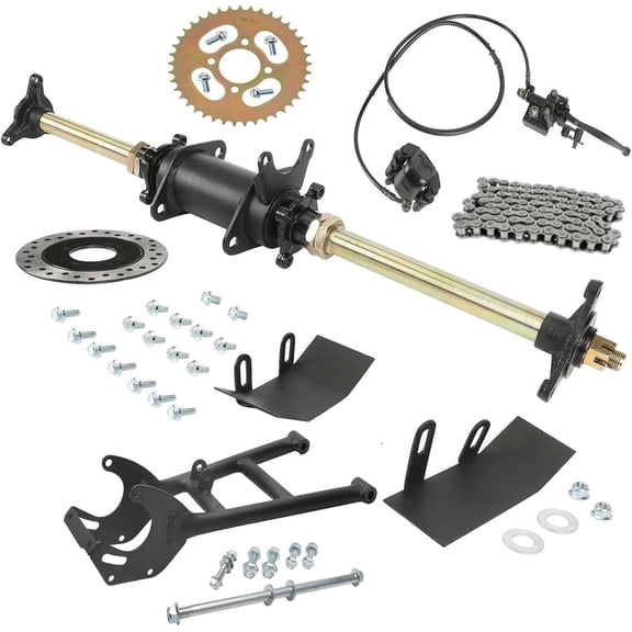 710mm 28" Go-kart Rear Axle Complete 3 Lug Hub Kit w/Swingarm Fork Frame with Brake Caliper, 428 Sprocket Chain Assembly for GY6 125cc 110cc 150cc 200cc Go kart ATV Quad Mini bike