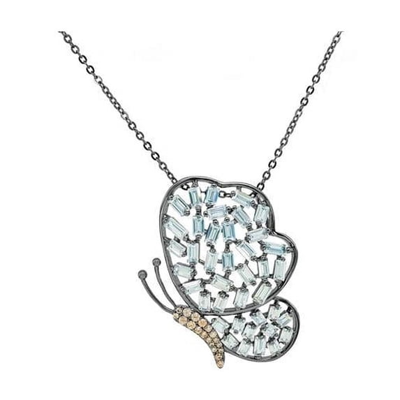 711124B High Luxe Sparkling Baguette Butterfly Necklace, Black Sterling Silver