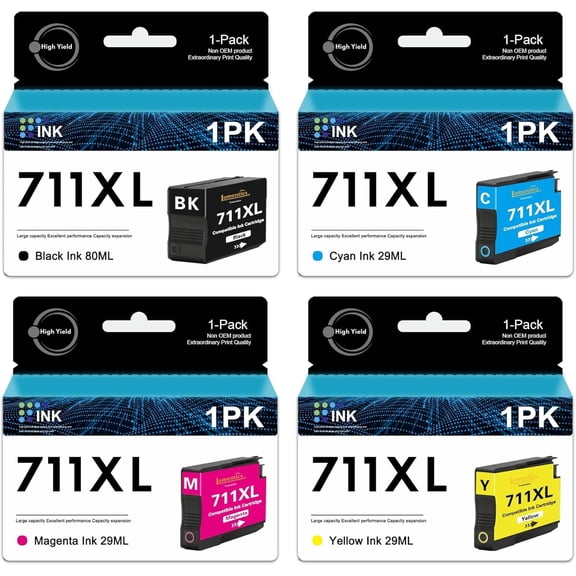 711XL High Yield Ink Cartridge Bundle (4-Pack, 80-ml Black / 29-ml Cyan/Yellow/Magenta) - LOMENTI Compatible 711XL 711 Ink Cartridges Replacement for HP DesignJet T100 T120 T125 T520 Printer