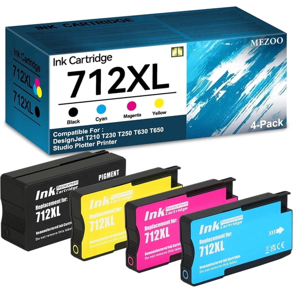 712 712XL Ink Cartridge High Yield Compatible for 712XL 712 Ink Combo Pack Replacement for DesignJet T650 T630 T230 T210 Studio Plotter Printer(4 Pack, 80-ml Black + 29-ml Cyan/Magenta/Yellow)