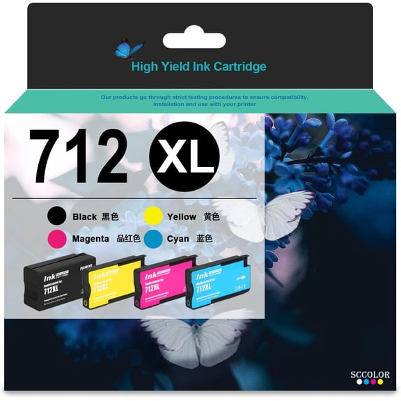 712 712XL Ink Cartridge Replacement for DesignJet T650 T630 T230 T210 Studio Plotter Printers (4 Pack, Black Cyan Magenta Yellow)