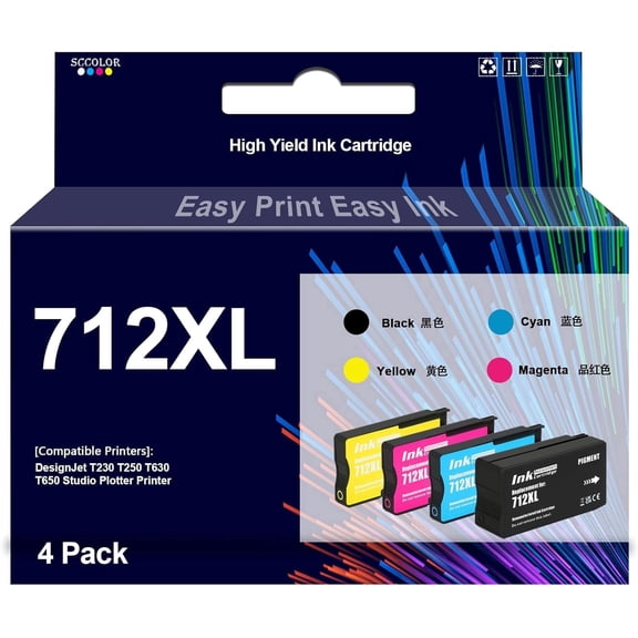 712 Ink Cartridges High Yield 3ED67A 3ED68A 3ED69A 3ED71A Compatible for DesignJet T650 T630 T230 T210 Studio Plotter Printers.4 Pack,80-ML Black 29-ML Cyan Magenta Yellow