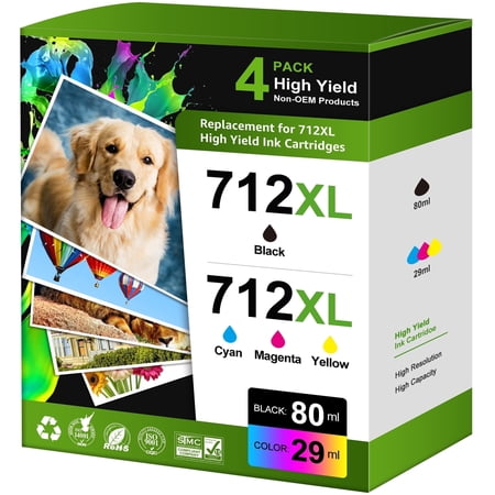 712 Ink Compatible for 712 Ink Cartridge Ink 712 for DesignJet T210 (4PK, 80ml Black+29ml CMY)