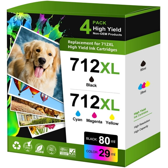 712 Ink Compatible for HP 712 Ink Cartridge HP Ink 712 for DesignJet T210 (4PK, 80ml Black+29ml CMY)
