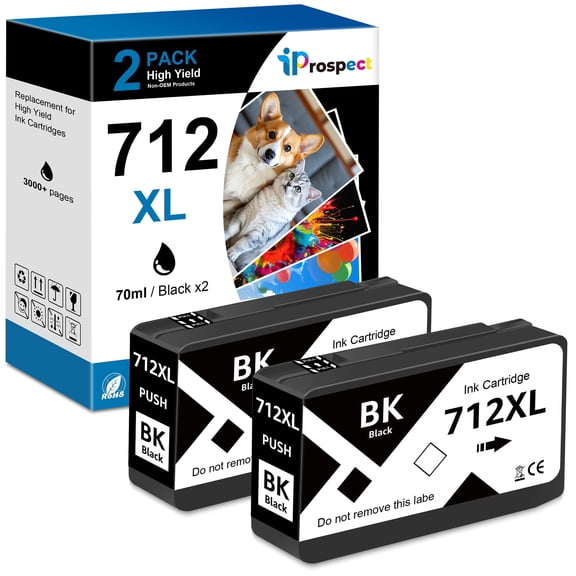 Compatible 712XL Ink Cartridges High Yield Replacement for  712 712XL for  DesignJet T650 T630 T230 T210 Studio Plotter Printer (2 Pack, Black 712XL)