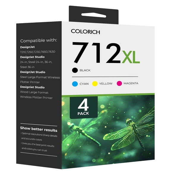 712XL Ink Cartridges Replacement for 712XL 712 Ink Cartridges Combo Pack Works with DesignJet T210 T230 T630 T650 Studio Plotter Printer(4 Color Pack, 80-ml Black + 29-ml)