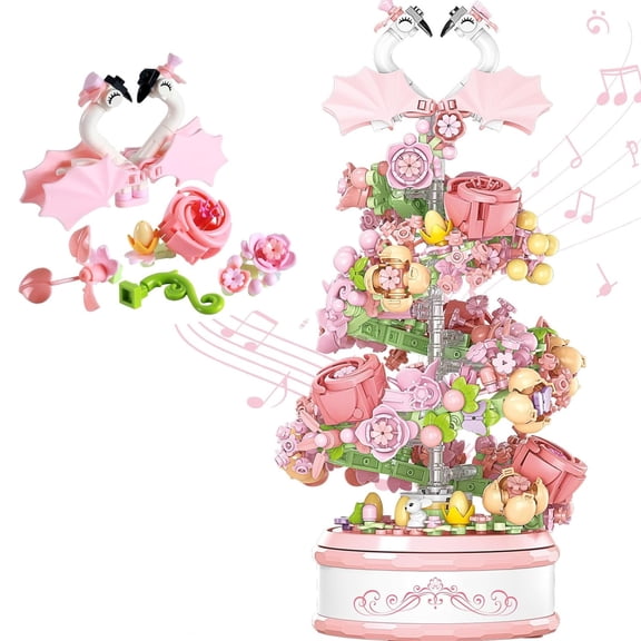 713PCS Light-Up Floral Bouquet Rotating Music Box Building Kit with Swan, Valentine's Day Gift, Graduation Birthday Gift for Women Girls,Pink