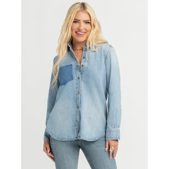 Jessica Simpson Women's Embellished Two Tone Denim Shirt with Long Sleeves, Sizes XS-XL